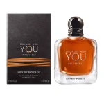 Emporio Armani Stronger With You Intensely Eau de Parfum for men in its iconic bottle with a metallic gunmetal grey cap and deep cognac-colored liquid.