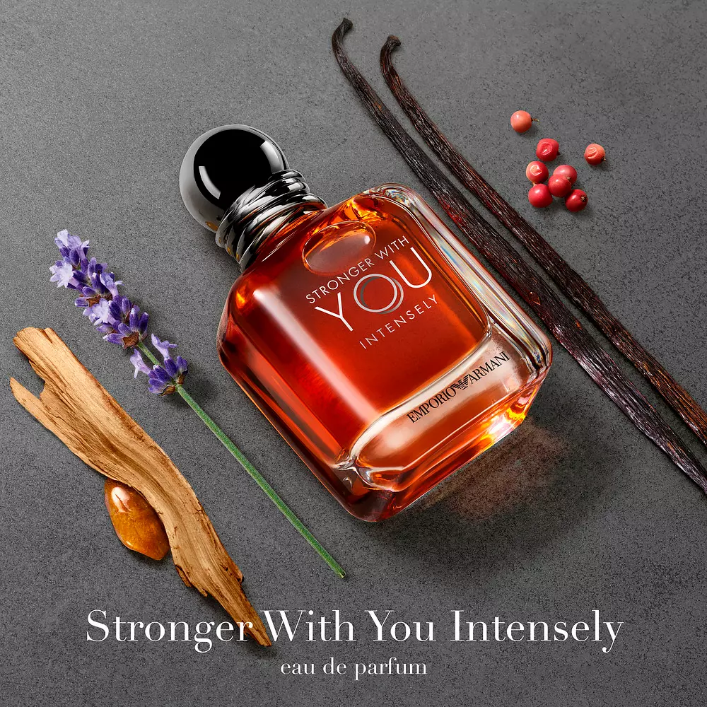 Giorgio Armani Stronger With You Intensely men's Eau de Parfum in an aged cognac bottle with a metallic gunmetal cap.