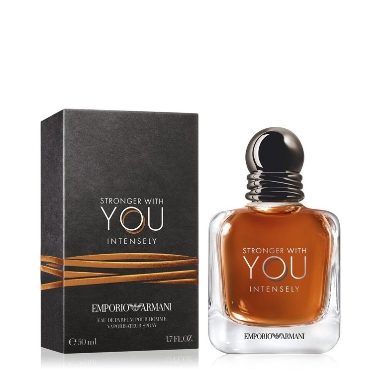 Giorgio Armani Stronger With You Intensely Eau de Parfum for men, in an aged cognac-colored bottle with a metallic gunmetal grey cap.