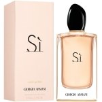 Giorgio Armani Sì Eau de Parfum for women, in an elegant clear glass bottle with a rounded rectangular base, tapering curves, and a black cap.