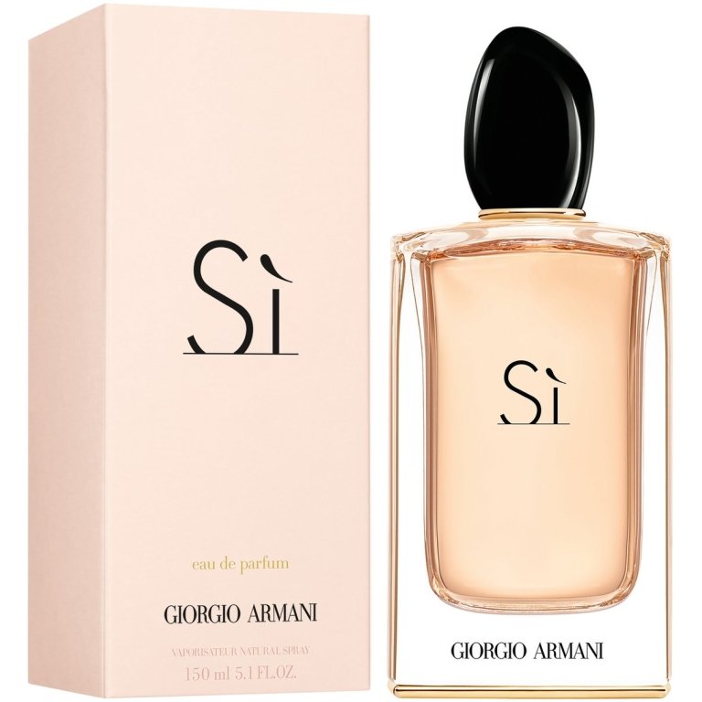 Giorgio Armani Sì Eau de Parfum for women, in an elegant clear glass bottle with a rounded rectangular base, tapering curves, and a black cap.
