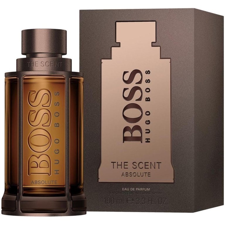 Hugo Boss BOSS The Scent Absolute for Men Eau de Parfum, presented in a sleek dark amber glass bottle with a metallic cap.