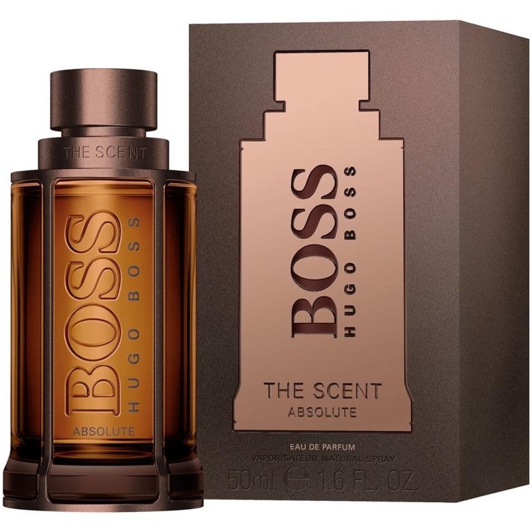 Hugo Boss The Scent Absolute 50ml Eau de Parfum, a men's fragrance in a sleek, dark amber bottle.