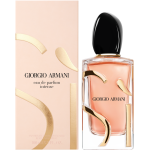 Giorgio Armani Sì Eau de Parfum bottle. A sleek, clear glass bottle with a light amber liquid, featuring a structured base that is neither truly square nor round, gracefully tapering upwards, topped by a distinctive black cap and displaying the 'Sì' logo on the front.