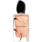 Elegant clear glass bottle of Giorgio Armani SÌ Eau de Parfum with a black oval cap, containing light pink-amber liquid.