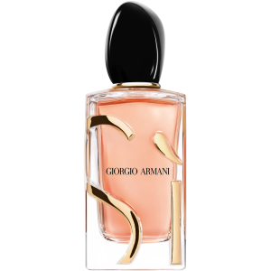Elegant clear glass bottle of Giorgio Armani SÌ Eau de Parfum with a black oval cap, containing light pink-amber liquid.