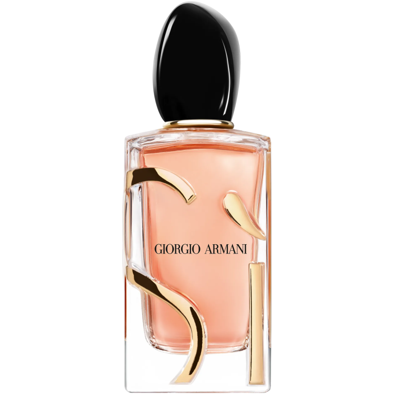 Elegant clear glass bottle of Giorgio Armani SÌ Eau de Parfum with a black oval cap, containing light pink-amber liquid.