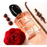 Giorgio Armani Sì Eau de Parfum bottle with clear glass and a sleek black cap, an elegant women's fragrance featuring notes of blackcurrant, rose, and vanilla.