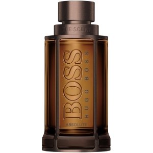 Hugo Boss BOSS The Scent Absolute men's Eau de Parfum in a sleek, amber-colored glass bottle with a dark cap.