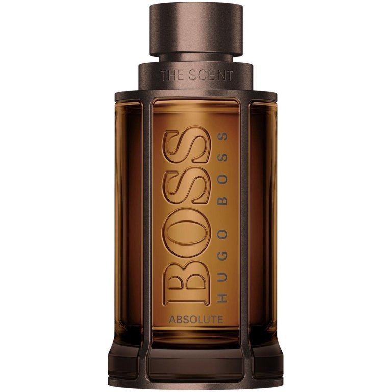 Hugo Boss BOSS The Scent Absolute men's Eau de Parfum in a sleek, amber-colored glass bottle with a dark cap.