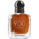 Emporio Armani Stronger With You Intensely men's Eau de Parfum, featuring a cognac-colored liquid in an iconic bottle with strong lines and a metallic gunmetal grey cap.
