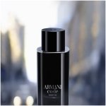 Giorgio Armani Code Parfum in a sleek, dark, refillable bottle with silver accents, an intense woody aromatic men's fragrance featuring bergamot, iris, and cedarwood.