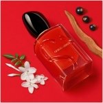 Giorgio Armani Si Passione Eau de Parfum in a striking red bottle, displayed with its white and red product packaging, for a passionate floral-fruity women's fragrance.