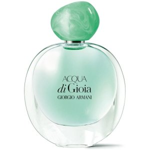 Giorgio Armani Acqua di Gioia Eau de Parfum in a transparent, organically shaped glass bottle with a round emerald green cap, reflecting its fresh citrus, aquatic, and woody notes.
