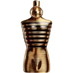 Jean Paul Gaultier Le Male Elixir men's perfume, a golden-bronze torso bottle with bold vertical stripes and a sailor collar, representing its intense woody aromatic amber fragrance.
