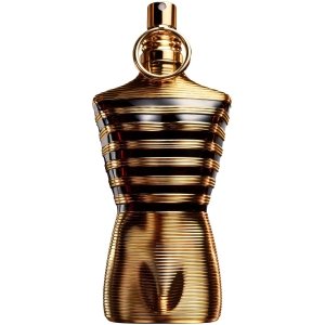 Jean Paul Gaultier Le Male Elixir men's perfume, a golden-bronze torso bottle with bold vertical stripes and a sailor collar, representing its intense woody aromatic amber fragrance.