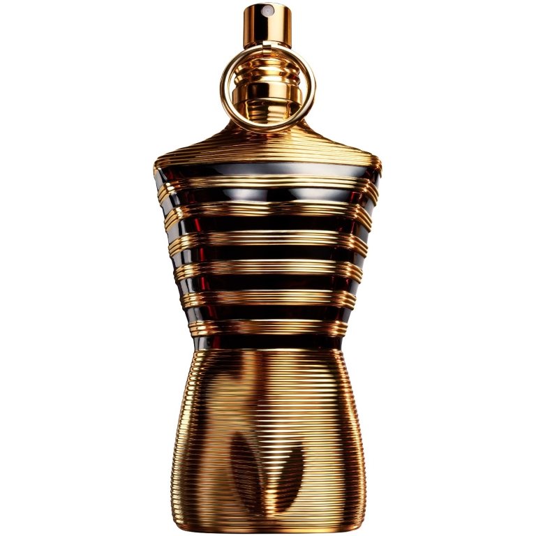 Jean Paul Gaultier Le Male Elixir men's perfume, a golden-bronze torso bottle with bold vertical stripes and a sailor collar, representing its intense woody aromatic amber fragrance.