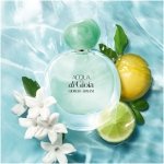Giorgio Armani Acqua di Gioia Eau de Parfum in a clear, organically shaped glass bottle with an emerald green cap and light green liquid, representing its fresh, aquatic, citrus-jasmine scent.