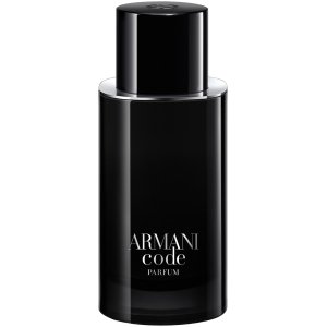 Giorgio Armani Code Parfum men's woody fragrance in a sleek, dark, refillable bottle with a silver cap.