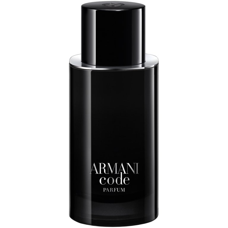 Giorgio Armani Code Parfum men's woody fragrance in a sleek, dark, refillable bottle with a silver cap.