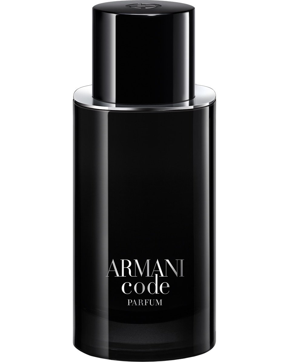 prd-front-1176734-954x1192 (1) Giorgio Armani Code Parfum men's woody fragrance in a sleek, dark, refillable bottle with a silver cap.