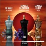 Jean Paul Gaultier Le Male Elixir men's amber woody aromatic perfume in a golden striped torso bottle.