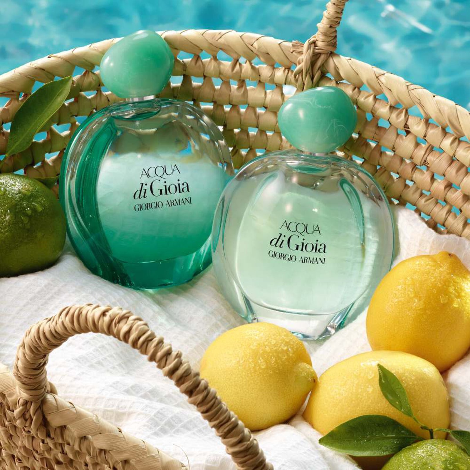 Giorgio Armani Acqua Di Gioia Eau de Parfum, an elegant clear glass bottle with an emerald green cap, featuring fresh notes of lemon, jasmine, and cedarwood.